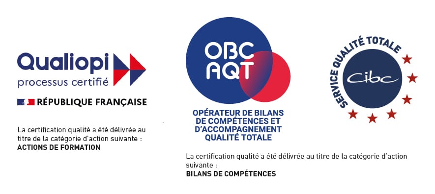 Logo certification Qualité Qualiopi dans la catégorie Actions de formation, et OBCAQT (Opérateur de Bilans de Compétences d'accompagnement qualité totale) dans la catégorie d'action Bilan de compétences